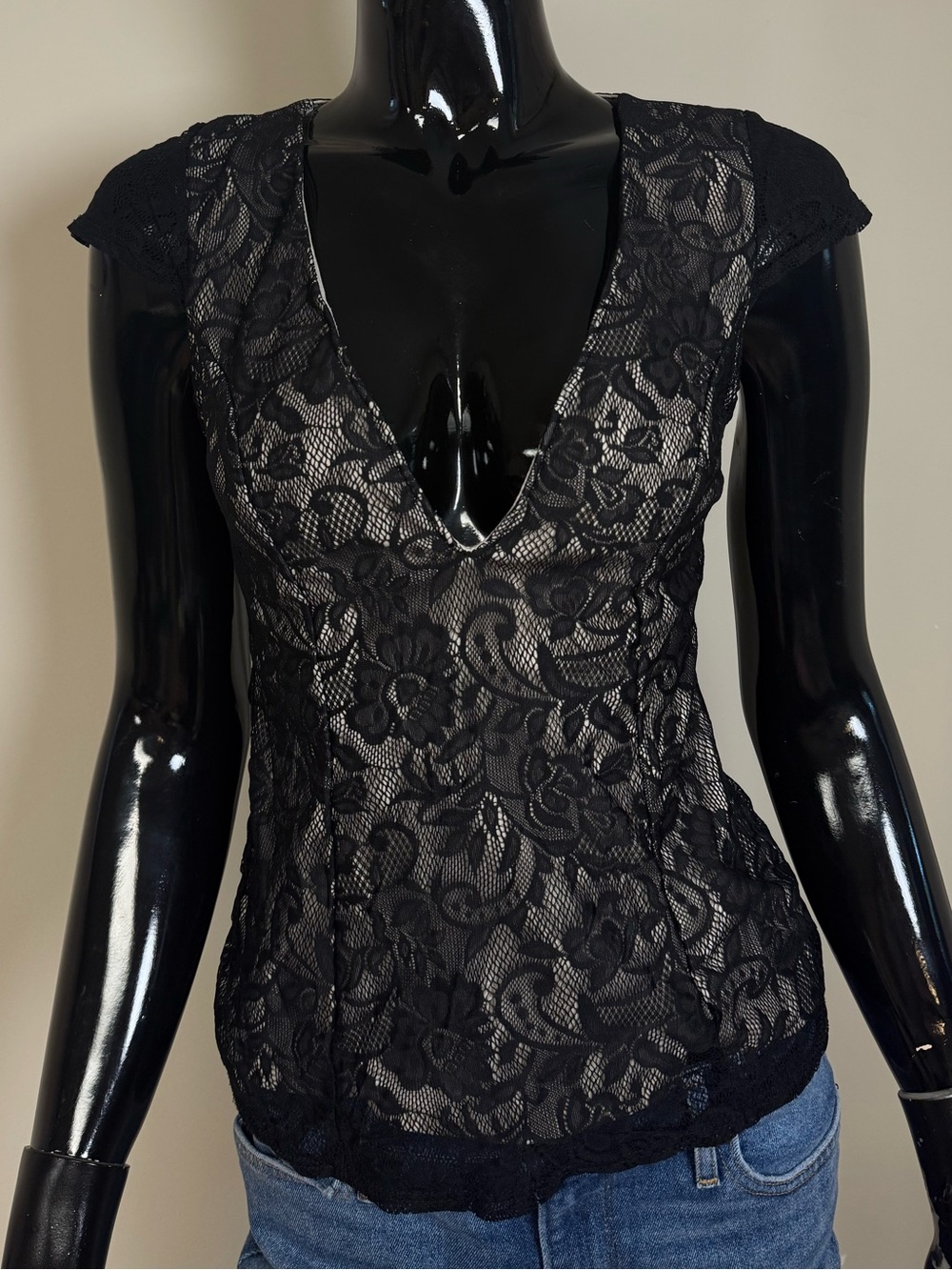 Eclipse Black Lace V-Neck Top Sheer Floral Short Sleeve Fitted Gothic Y2K S